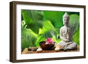 Buddha in Meditation with Lotus Flower and Burning Candles-Liang Zhang-Framed Photographic Print