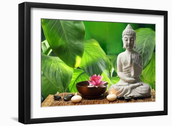 Buddha in Meditation with Lotus Flower and Burning Candles-Liang Zhang-Framed Photographic Print