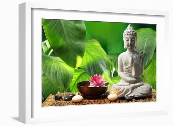 Buddha in Meditation with Lotus Flower and Burning Candles-Liang Zhang-Framed Photographic Print