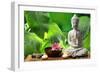 Buddha in Meditation with Lotus Flower and Burning Candles-Liang Zhang-Framed Photographic Print