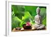 Buddha in Meditation with Lotus Flower and Burning Candles-Liang Zhang-Framed Photographic Print