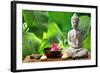Buddha in Meditation with Lotus Flower and Burning Candles-Liang Zhang-Framed Photographic Print