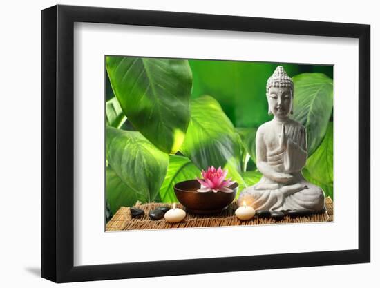 Buddha in Meditation with Lotus Flower and Burning Candles-Liang Zhang-Framed Photographic Print