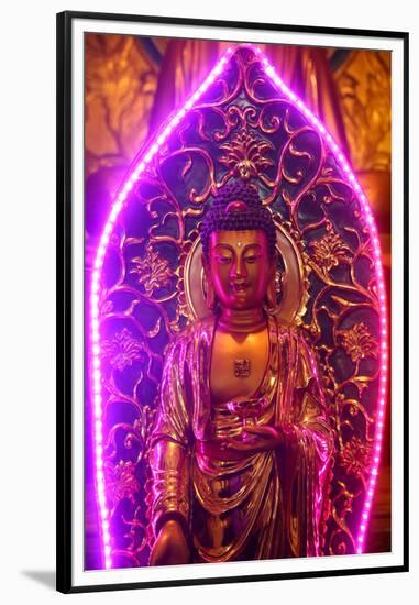 Buddha statue with neon light, Chua Thien Hung Buddhist Pagoda, Ho Chi Minh City, Vietnam, Indochin-null-Framed Premium Photographic Print