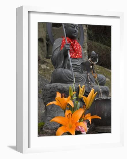 Buddha with Red Scarf and Fresh Flowers, Daisho in Temple, Miyajima, Honshu, Japan-Simanor Eitan-Framed Photographic Print