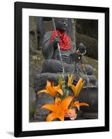 Buddha with Red Scarf and Fresh Flowers, Daisho in Temple, Miyajima, Honshu, Japan-Simanor Eitan-Framed Photographic Print