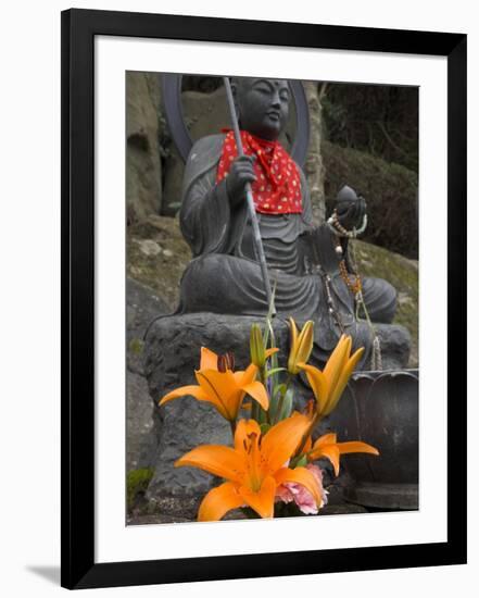 Buddha with Red Scarf and Fresh Flowers, Daisho in Temple, Miyajima, Honshu, Japan-Simanor Eitan-Framed Photographic Print