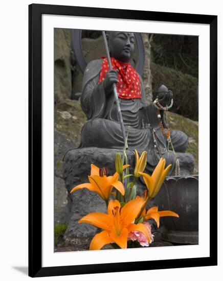 Buddha with Red Scarf and Fresh Flowers, Daisho in Temple, Miyajima, Honshu, Japan-Simanor Eitan-Framed Photographic Print