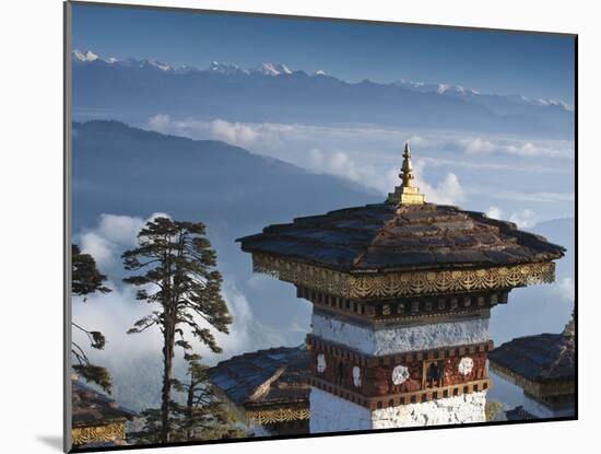 Buddhist Chorten, Dochula Pass, Himalayan Mountain Range in Distance, Bhutan, Asia-Kim Walker-Mounted Photographic Print