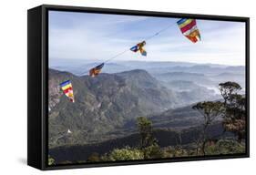 Buddhist Flags Framing the View into the Dalhousie and Hill Country at Sunrise from Adam's Peak-Charlie Harding-Framed Stretched Canvas