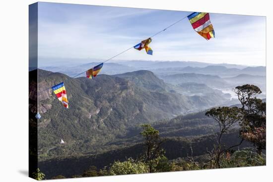 Buddhist Flags Framing the View into the Dalhousie and Hill Country at Sunrise from Adam's Peak-Charlie Harding-Stretched Canvas