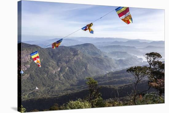 Buddhist Flags Framing the View into the Dalhousie and Hill Country at Sunrise from Adam's Peak-Charlie Harding-Stretched Canvas