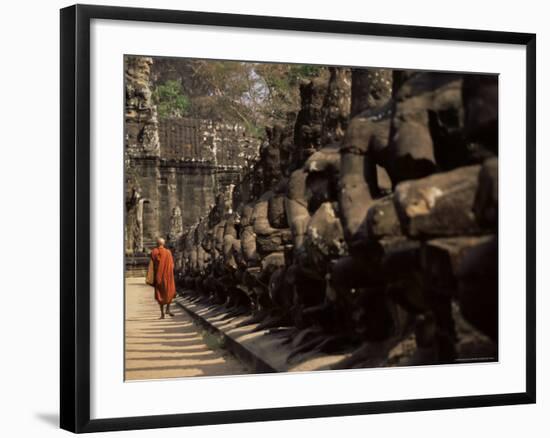 Buddhist Monk Approaching South Gate, Angkor Thom, Angkor, Cambodia, Indochina-Andrew Mcconnell-Framed Photographic Print