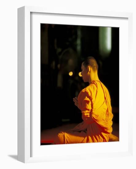 Buddhist Monk at Morning Prayer, Marble Temple, Bangkok, Thailand-Paul Souders-Framed Photographic Print