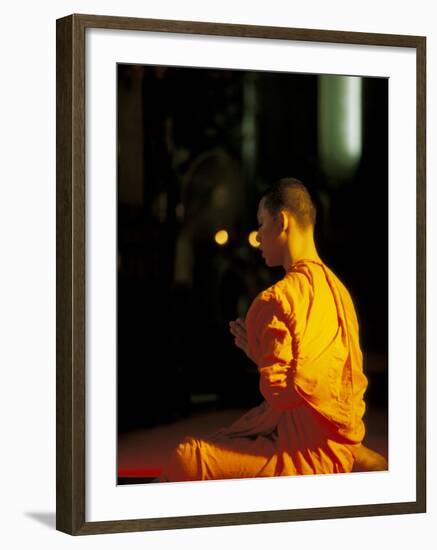 Buddhist Monk at Morning Prayer, Marble Temple, Bangkok, Thailand-Paul Souders-Framed Photographic Print