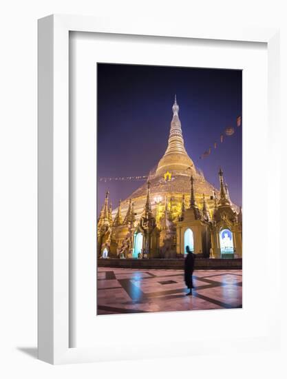 Buddhist Monk at Shwedagon Pagoda (Shwedagon Zedi Daw) (Golden Pagoda) at Night, Myanmar (Burma)-Matthew Williams-Ellis-Framed Photographic Print