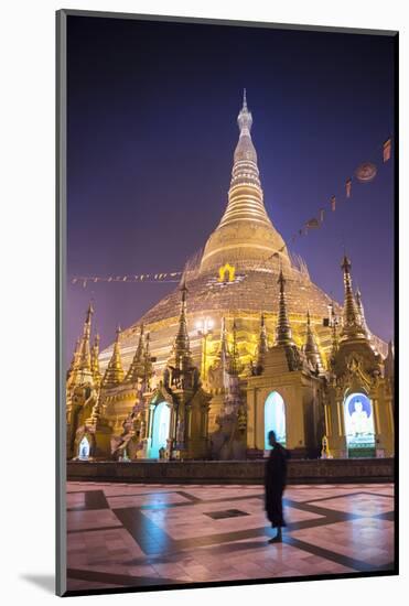 Buddhist Monk at Shwedagon Pagoda (Shwedagon Zedi Daw) (Golden Pagoda) at Night, Myanmar (Burma)-Matthew Williams-Ellis-Mounted Photographic Print