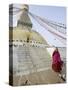 Buddhist Monk Descends the Steps of Boudha, the Tibetan Stupa in Kathmandu, Nepal-Don Smith-Stretched Canvas