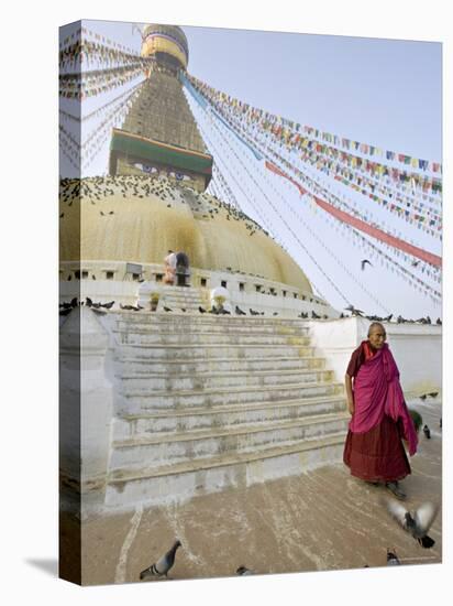 Buddhist Monk Descends the Steps of Boudha, the Tibetan Stupa in Kathmandu, Nepal-Don Smith-Stretched Canvas