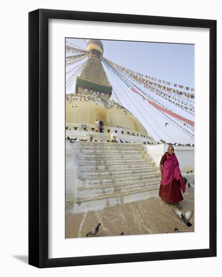 Buddhist Monk Descends the Steps of Boudha, the Tibetan Stupa in Kathmandu, Nepal-Don Smith-Framed Photographic Print