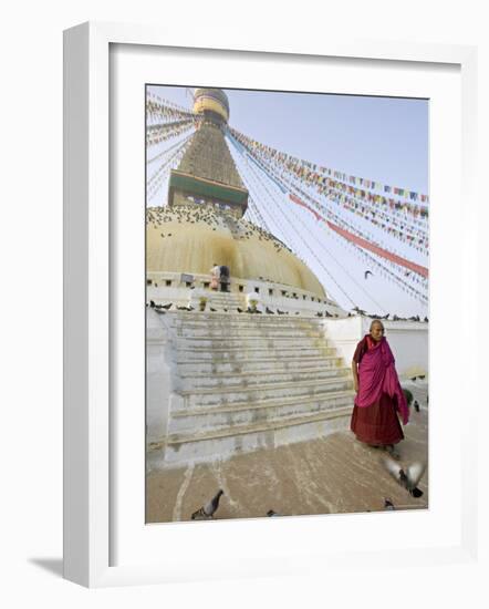 Buddhist Monk Descends the Steps of Boudha, the Tibetan Stupa in Kathmandu, Nepal-Don Smith-Framed Photographic Print