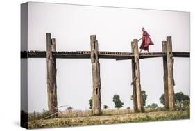 Buddhist Monk on U Bein Teak Bridge, Myanmar (Burma)-Matthew Williams-Ellis-Stretched Canvas