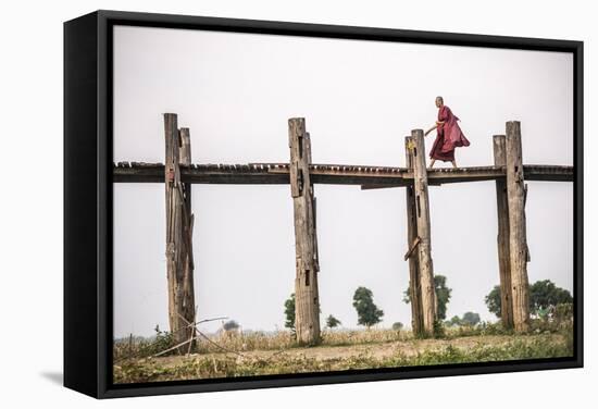Buddhist Monk on U Bein Teak Bridge, Myanmar (Burma)-Matthew Williams-Ellis-Framed Stretched Canvas