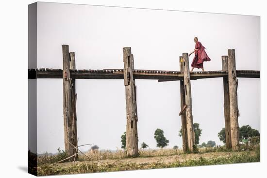 Buddhist Monk on U Bein Teak Bridge, Myanmar (Burma)-Matthew Williams-Ellis-Stretched Canvas