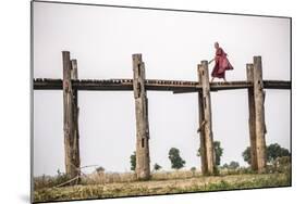 Buddhist Monk on U Bein Teak Bridge, Myanmar (Burma)-Matthew Williams-Ellis-Mounted Photographic Print