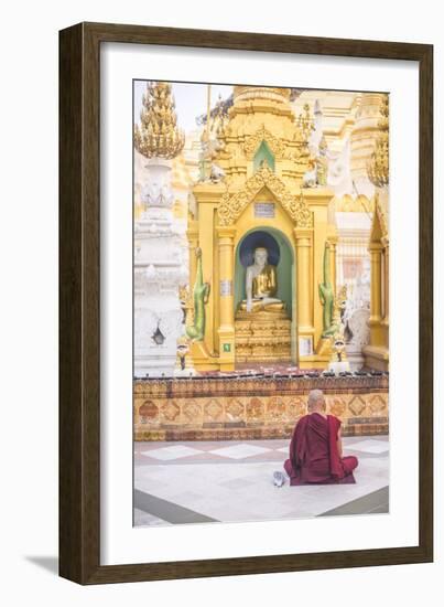 Buddhist Monk Praying at Shwedagon Pagoda (Shwedagon Zedi Daw) (Golden Pagoda), Myanmar (Burma)-Matthew Williams-Ellis-Framed Photographic Print