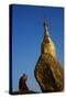 Buddhist Monk Praying at the Golden Rock of Nwa La Bo-Tuul-Stretched Canvas