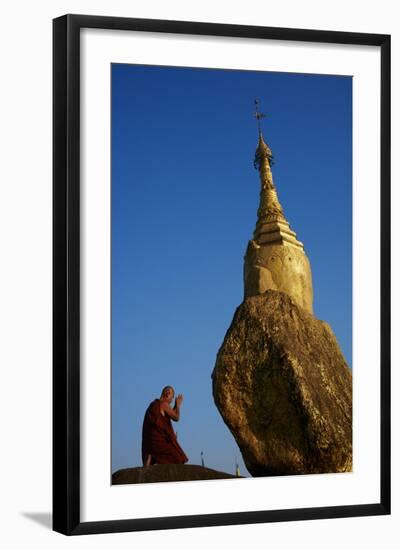 Buddhist Monk Praying at the Golden Rock of Nwa La Bo-Tuul-Framed Photographic Print