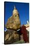 Buddhist Monk Praying at the Golden Rock of Nwa La Bo-Tuul-Stretched Canvas