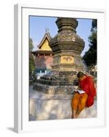 Buddhist Monk Reading a Book, Wat Xieng Thong, Luang Prabang, Laos, Indochina, Southeast Asia-Jane Sweeney-Framed Photographic Print