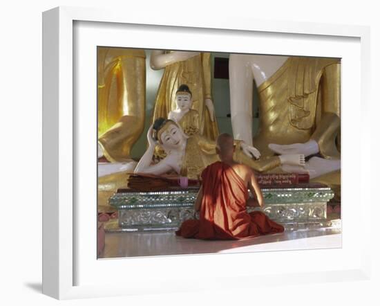 Buddhist Monk Worshipping at Shwedagon Paya (Shwe Dagon Pagoda), Yangon (Rangoon), Myanmar (Burma)-Gavin Hellier-Framed Photographic Print