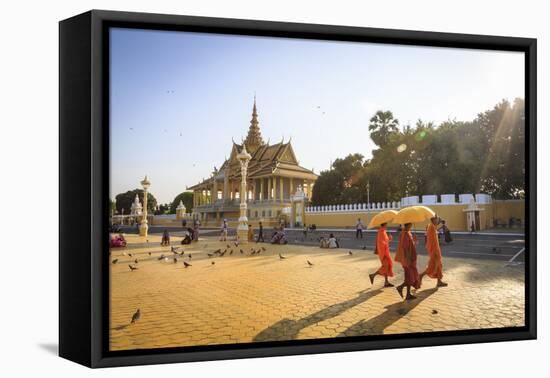 Buddhist Monks at a Square in Front of the Royal Palace, Phnom Penh, Cambodia, Indochina-Yadid Levy-Framed Stretched Canvas