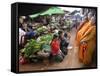 Buddhist Monks Collecting Alms in the Market Town of Phum Swai Chreas, Eastern Cambodia, Indochina-Andrew Mcconnell-Framed Stretched Canvas