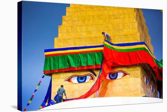 Buddhist Monks decorating the temple at Bouddha (Boudhanath), UNESCO World Heritage Site, Kathmandu-Laura Grier-Stretched Canvas