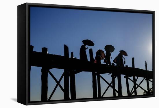 Buddhist Monks Silhouetted on the U Bein Bridge, Taungthman Lake, U Bein-Nathalie Cuvelier-Framed Stretched Canvas