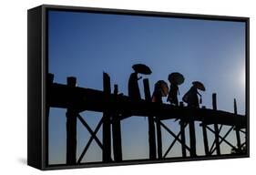 Buddhist Monks Silhouetted on the U Bein Bridge, Taungthman Lake, U Bein-Nathalie Cuvelier-Framed Stretched Canvas