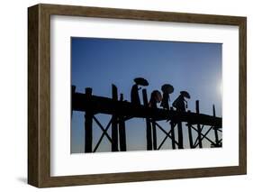 Buddhist Monks Silhouetted on the U Bein Bridge, Taungthman Lake, U Bein-Nathalie Cuvelier-Framed Photographic Print