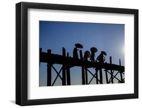 Buddhist Monks Silhouetted on the U Bein Bridge, Taungthman Lake, U Bein-Nathalie Cuvelier-Framed Photographic Print