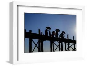 Buddhist Monks Silhouetted on the U Bein Bridge, Taungthman Lake, U Bein-Nathalie Cuvelier-Framed Photographic Print