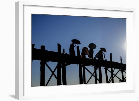 Buddhist Monks Silhouetted on the U Bein Bridge, Taungthman Lake, U Bein-Nathalie Cuvelier-Framed Photographic Print