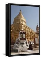 Buddhist Nun Meditating by Gold Stupa, Shwezigon Paya (Pagoda), Nyaung U-Stephen Studd-Framed Stretched Canvas