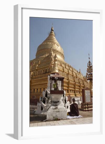 Buddhist Nun Meditating by Gold Stupa, Shwezigon Paya (Pagoda), Nyaung U-Stephen Studd-Framed Photographic Print