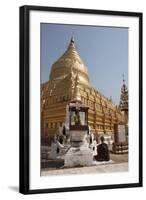 Buddhist Nun Meditating by Gold Stupa, Shwezigon Paya (Pagoda), Nyaung U-Stephen Studd-Framed Photographic Print