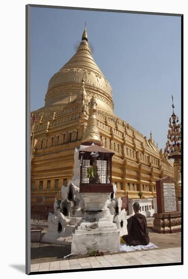 Buddhist Nun Meditating by Gold Stupa, Shwezigon Paya (Pagoda), Nyaung U-Stephen Studd-Mounted Photographic Print