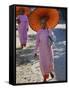 Buddhist Nuns with Bamboo-Framed Orange Umbrellas Walk Through Streets of Sittwe, Burma, Myanmar-Nigel Pavitt-Framed Stretched Canvas