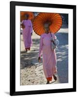 Buddhist Nuns with Bamboo-Framed Orange Umbrellas Walk Through Streets of Sittwe, Burma, Myanmar-Nigel Pavitt-Framed Premium Photographic Print